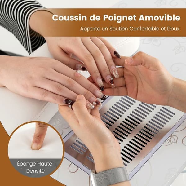 COSTWAY Foldable Manicure Table with Vacuum and Flexible LED Light, Removable Wrist Cushion