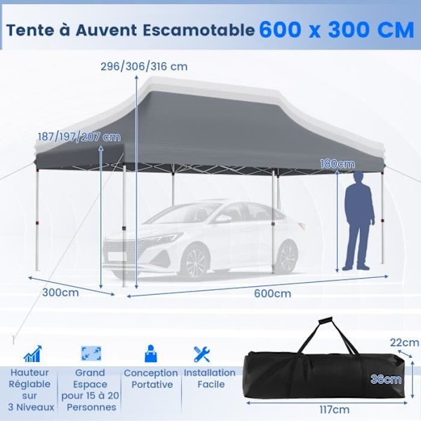 COSTWAY Folding Garden Gazebo 3x6M - UPF50+ Solskydd, Vattentät - Bärväska - 3 justerbar höjd - 15 till 20 personer - Grå