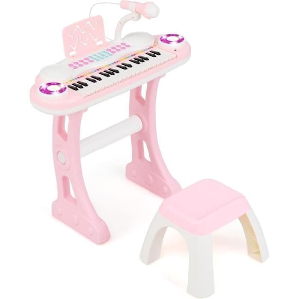 Klaviaturpiano för barn 37 tangenter med pall COSTWAY-4 Slagverkseffekter-8 Instrument-Justerbar mikrofon-Ljusrosa