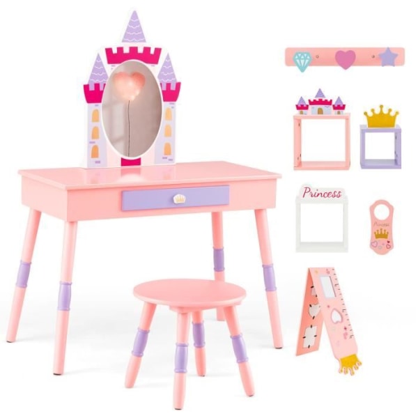 COSTWAY 2 i 1 toalettbord för barn med pall, med avtagbar spegel, Princess Style, 1 låda och 3 kuber, last 30 kg, rosa