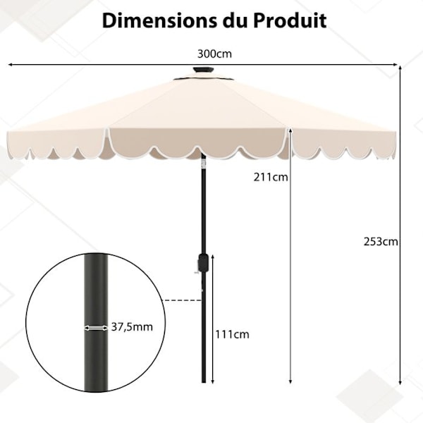 COSTWAY Haveparasol 3M 24 LED'er - Solbeskyttelse - Justerbar hældning 35° - 8 Kranse til Strandterrasse Beige