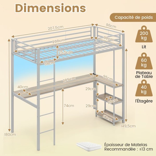 COSTWAY parvisänky 90 x 200 cm työpöydällä, LED-ohjattu APP:lla, latausasema ja säilytystila, suojakaite, hopea Silver och naturligt