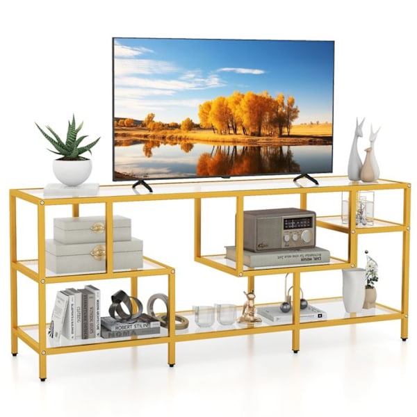 COSTWAY 65" TV-møbel i glas med en stor topplade og 4 hylder i hærdet glas, til stue, soveværelse, værelse, 147 x 40 x 62 cm