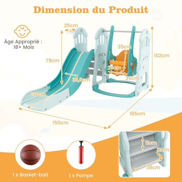 COSTWAY 4 i 1 rutschkana för barn-Basketbåge-gunga Justerbar i 3 höjd-18+ månader-185 x 150 x 102 cm Grön + orange