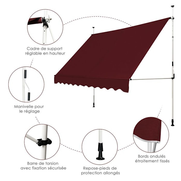 COSTWAY Butik Banne Manuel Retraktabel utan Borrning 300x125CM-Vinkel, Justerbar Höjd-i Metall och Tyg-Fönster, Balkong, Trädgård-Röd