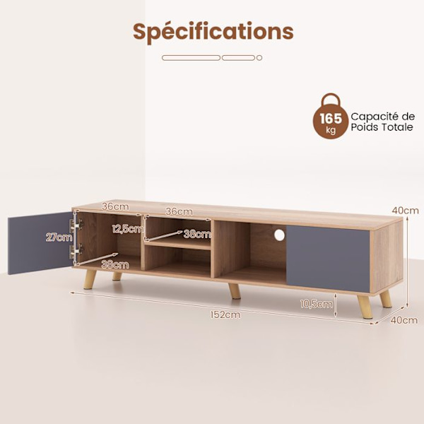 TV stativ til 65" TV COSTWAY med 3 rum 2 døre, 3 kabelføringshuller, til stue, soveværelse, 152 x 40 x 40 cm Grå