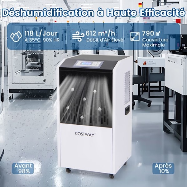 COSTWAY Ilmankuivain - 118 l/päivä - 24 h Ajastin - Suurin kattavuus 790 M² - Sulatus - Automaattinen tyhjennys - Ohjauspaneeli Vit