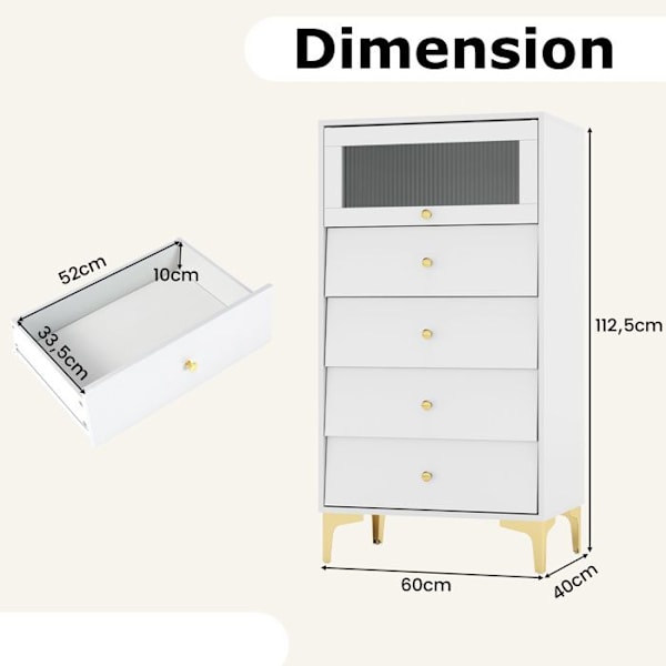 COSTWAY Kommode til Soveværelse med Vippende Glasdør og 4 Skuffe, til Soveværelse, Stue, 60x40x112,5 cm, Hvid Vit