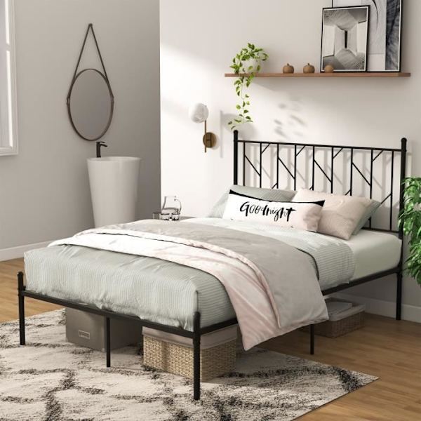 COSTWAY Dobbelt Voksenseng 140x190CM Metal - Sengegavl 9 Støttefødder - Sengerammebelastning 360KG - 14 Metallameller, Sort Svart