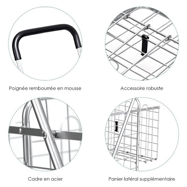 COSTWAY Foldbar markedsvogn - 4 hjul - 2 kurve (48L + 10L), Stål - Maks. belastning: 20 KG - Indkøbsvogn-sølv Pengar