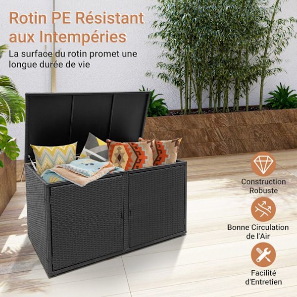 COSTWAY Udendørs Rattan Opbevaringskasse 335L, 115 x 60 x 65 CM med Sort Stålramme kastanj