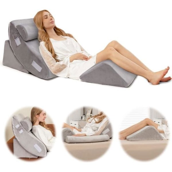 COSTWAY Set med 4 Memory Foam Läskuddar/Kuddar - Avtagbart nackstöd - Kilkudde - Efter operation Grå