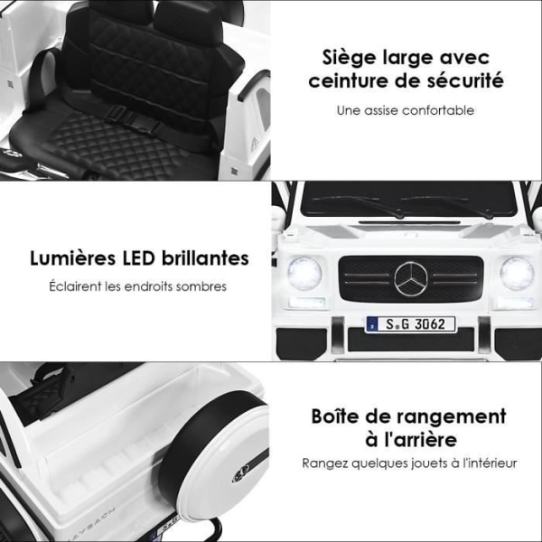 COSTWAY 12 V sähköauto lapsille Benz G650-S LED-valoilla, AUX-portilla, vanhempien kaukosäätimellä 3-8 vuotta vanha valkoinen Vit