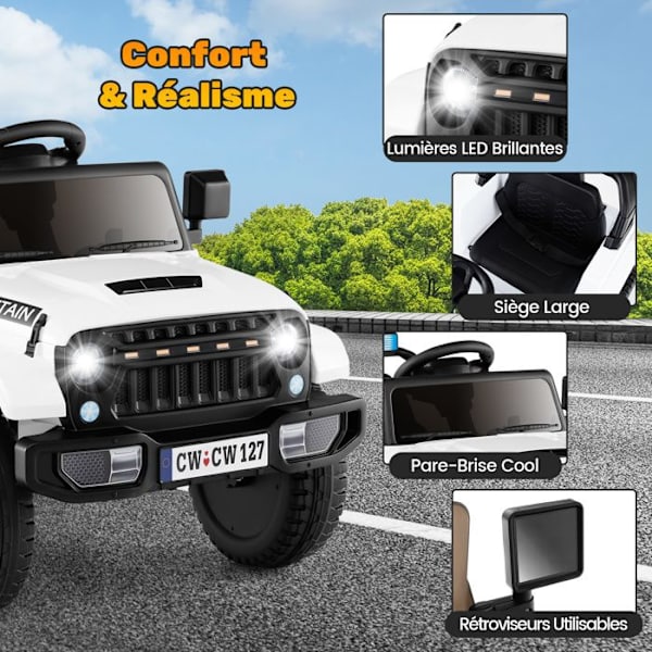 COSTWAY Elbil til børn-Fjernbetjening-12 V-3+ år-Blød start-3 hastigheder-SD/USB-lyd og LED-2 til 5 km/t-Hvid