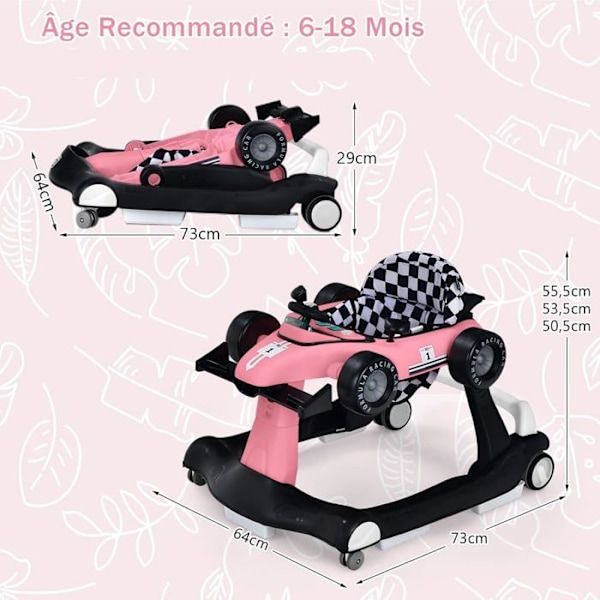 COSTWAY Musical Foldbar Baby Walker 4 i 1 biludseende pusher Justerbar højde og hastighed med lyserødt rat Rosa