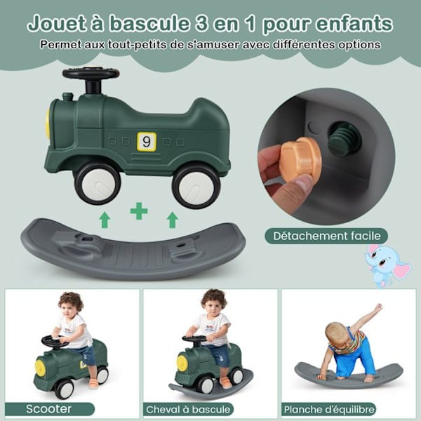 Keinuhevonen – COSTWAY – 3 in 1: Balance Board, Keinulelu junan muodossa – Poikatyttö 18–72 kuukautta, vihreä Grön + Grå