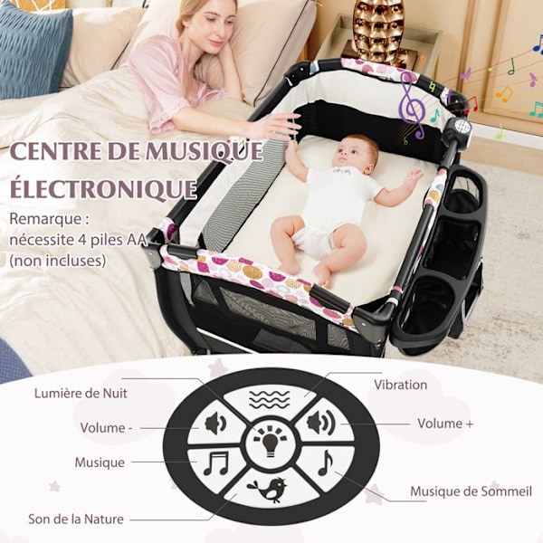 COSTWAY 4 i 1 hopfällbart babyparaply säng-med madrass, speldosa, justerbart tak-hopfällbart skötbord-3 år-lockigt svart