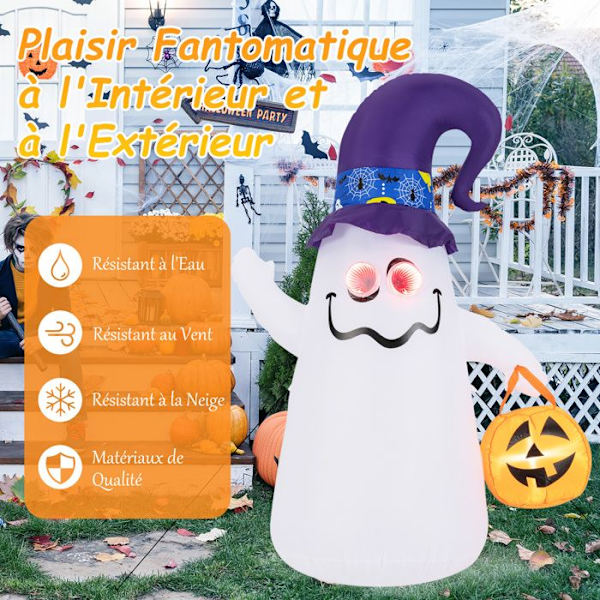 COSTWAY oppustelig Halloween-dekoration 180 cm, 5 dæmpbare LED-lys, sødt spøgelse med græskarlygte indendørs udendørs
