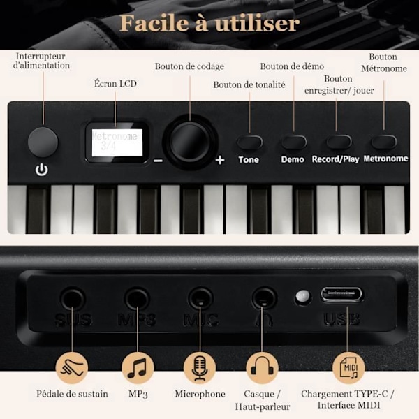 COSTWAY Hopfällbar och bärbar 88-tangenters digitalpianoklaviatur-Delad funktion-LCD-skärm-2 högtalare-Inbyggt batteri-Svart