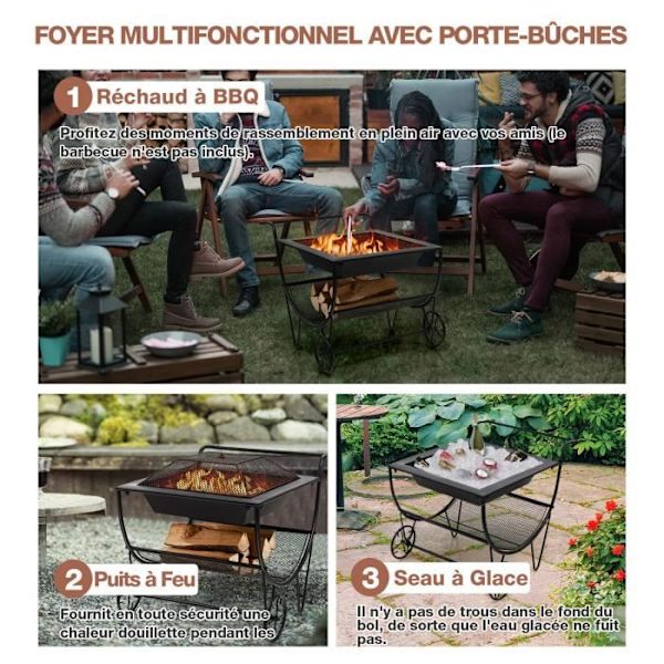 COSTWAY Wood Log Carrier 3 i 1 udendørs brazier med gnistfanger og opbevaringsstøtte belastning 50 kg 2 praktiske hjul sort Svart