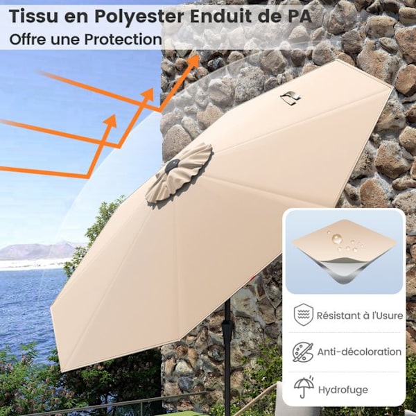 Parasol Déporté 35°270 CM - COSTWAY - UV Beskyttelse 30+ Knap-tilt - 8 Spiler til Have Patio, Strand Brun