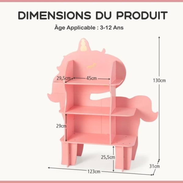 COSTWAY lasten kirjahylly, 3 tasoa yksisarvisen muodossa - 5 avointa hyllyä kallistuksenestolaitteella, 123x31x130cm, 3-12 vuotta