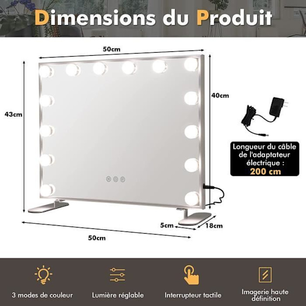 COSTWAY Hollywood Makeup Spejl, 14 LED-lys, Intelligent Touch Control, 3 lysfarver, Justerbar lysstyrke