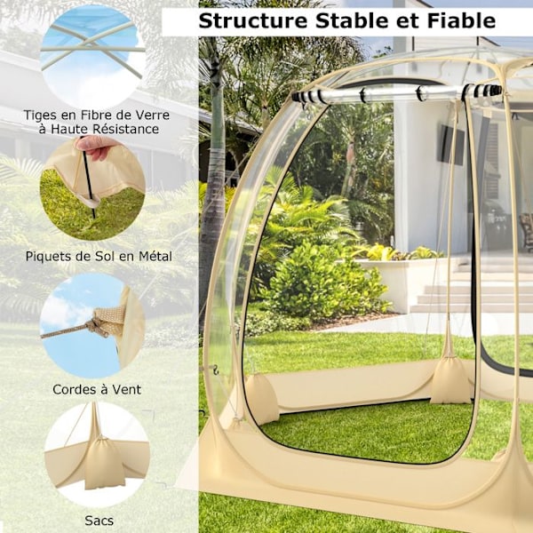 COSTWAY 6-10 personer pop-up campingtält-328x328x210CM-2 stora rulldörrar, 2 fönster-transparent PVC-fri sikt 540°