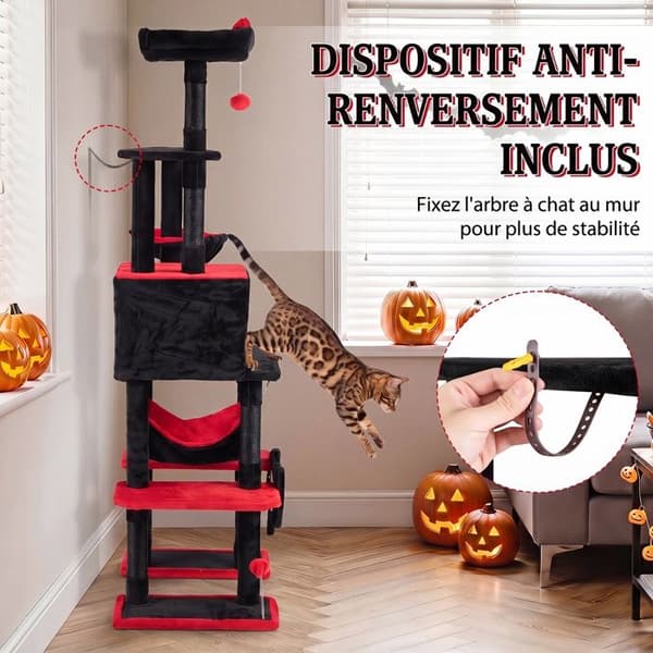 COSTWAY Gotisk katte træ Halloween 73x50x178 cm, 7 platforme, legehus, hængekøje, kradsetræer, legetøjsbolde, spånplader Sort rød