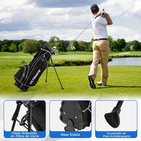 COSTWAY Golftaske med stativ til mænd - 10 PCS golfkøllesæt - 3 justerbare skulderremme, vægtede kølhoveder - Sort