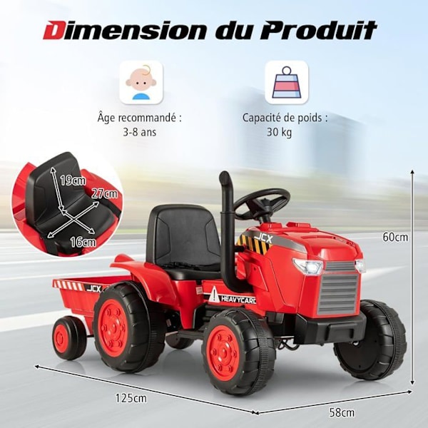 COSTWAY Eltraktor 12V 7AH - 2,4G Fjärrkontroll, Fjädrar, LED, Horn, Mjukstart, 3 - 8 År, Röd