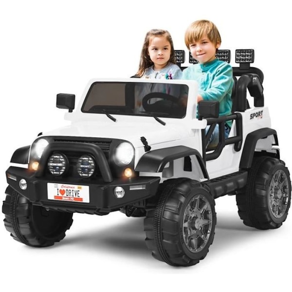 COSTWAY JEEP 12V elektrisk 4x4 bil för barn 3+ år, 2-sits, 2,4G fjärrkontroll, LED-lampor och musik, vit