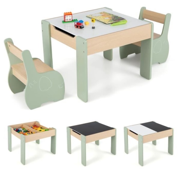 COSTWAY 3-i-1 barnbord och 2 stolar set, 2-sidigt bord (svartvitt) med förvaringsfunktion i grönt trä