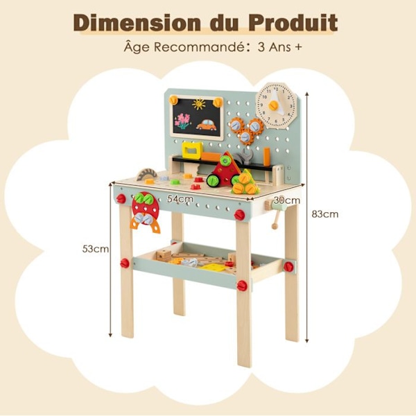 COSTWAY Verktygsbänk för Barn 3 År+ med 33 Delar, Träimitation Leksaker 54 x 30 x 83 cm (L x B x H) Flerfärgad