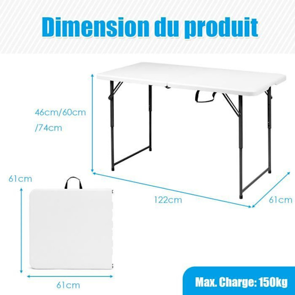 COSTWAY Fällbart campingbord 122 x 61CM 3 Justerbara höjder Last 150KG i plast och stål för fest/camping/picknick Vit