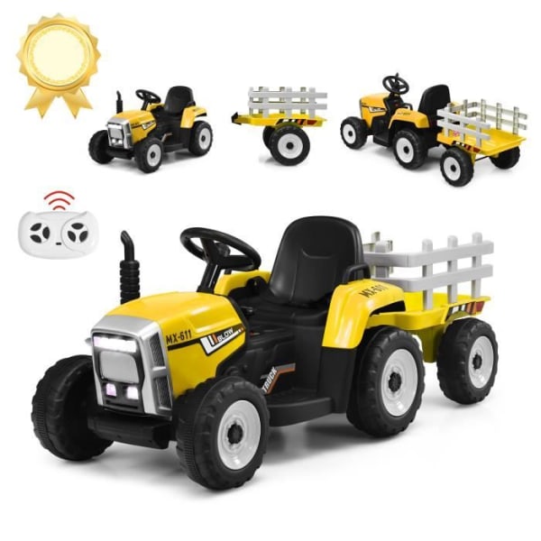 COSTWAY 12V elektrisk traktor för barn med 6 däck - Grävmaskin, avtagbar släpvagn, LED, Musik - 2,4G fjärrkontroll, 3-8 km/h, gul
