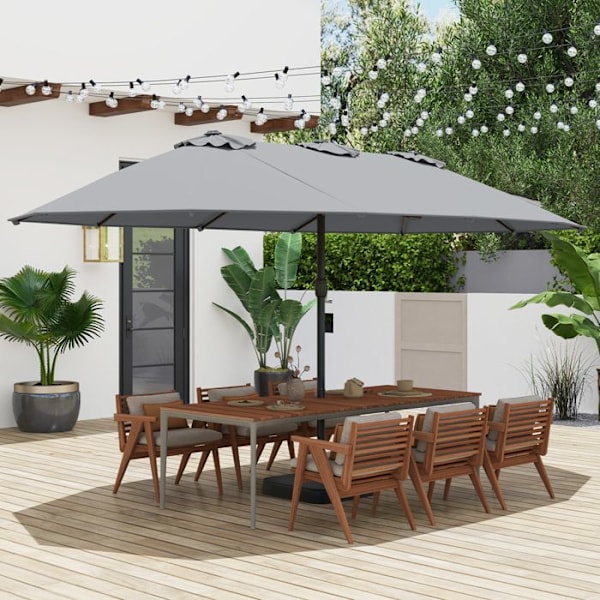 COSTWAY Dobbelt XXL Haveparasol 464x286x198cm - Inkl. Base 2 Sandsække - Anti UV 12 Spidser - Rektangulær Håndsving Grå