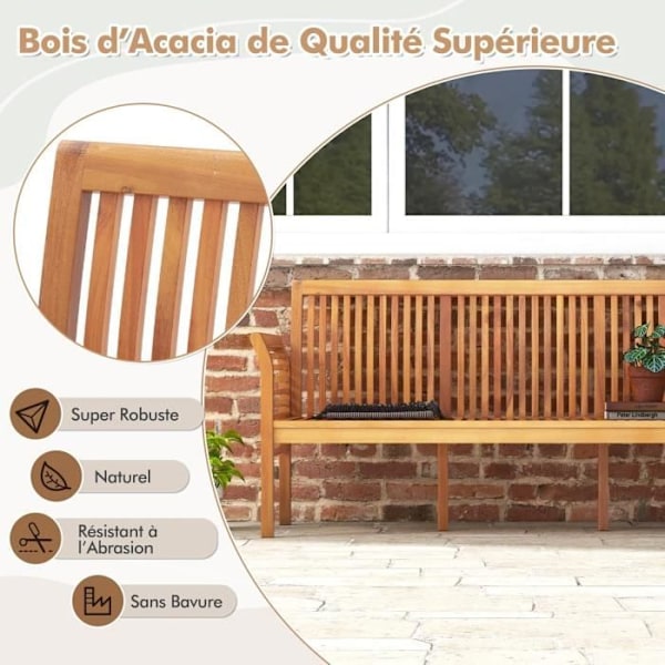 COSTWAY 3-paikkainen Acacia Garden Penkki, Ergonomiset istuintyynyt, Selkänoja ja käsinojat, Ulkopenkki 159 cm pitkä Kuddfärg: off-white | Ramfärg: Natu