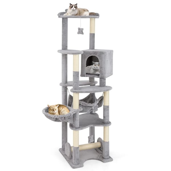 COSTWAY 176 CM Multi-Level Cat Tree, Top Aborre, Condo, Kurv, Hængekøje, Kradsestolper, Platforme, Hængelegetøj Grå och orange