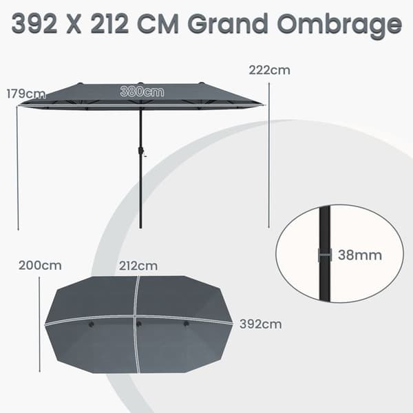 COSTWAY Rektangulær Haveparasol 392 x 212 x 222 cm - 12 Robuste Spiler - Krog til Terrasse Grå
