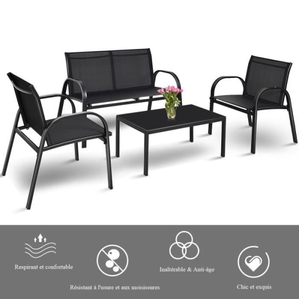 COSTWAY 4 st Textilene Trädgårdsmöbler Set - Härdat glas bord och stolar Set, 4 personer, halkskydd - Svart