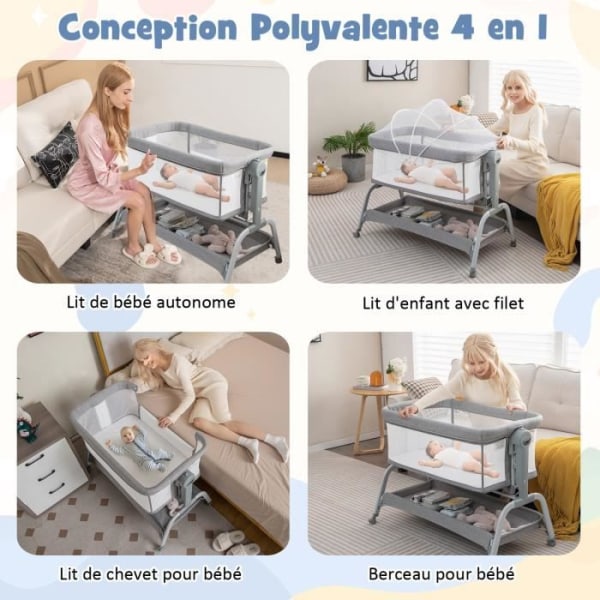 COSTWAY Bærebrus Cododo Baby Portable 4 i 1 Madras, Net, Opbevaringskurv, 2 Elastiske Remme Højdejusterbar 0-6 Måneder Grå Grå