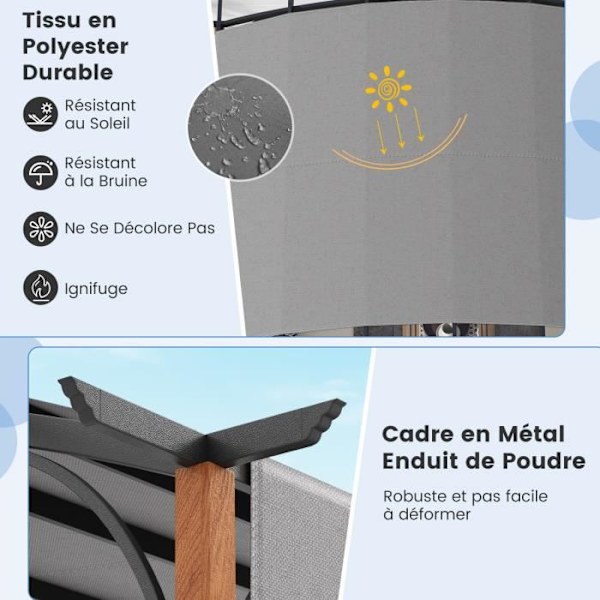 Trädgårdspergola 3 x 6 x 2,6 M COSTWAY-Infällbar markis i polyestertyg-metallstruktur-med bågar-stolpar trälook-grå