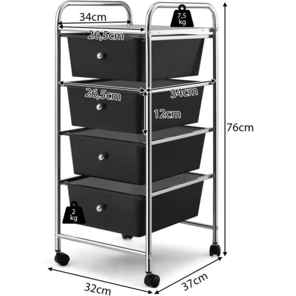 COSTWAY opbevaringstårn, vogn på hjul - 4 skuffer - 32 x 37 x 76 CM Sort metalramme