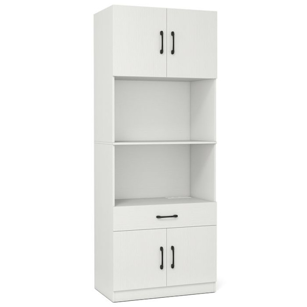 Keittiöbuffet 168 cm Latausasema COSTWAY, Laatikko, 4 Ovelle ja 2 Säädettävää Hyllyä, Ruokailuhuoneeseen Olohuoneeseen, Valkoinen
