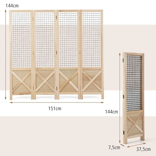 COSTWAY Fällbart Skärm 4 Paneler 151 x 144 cm i Paulownia-trä För inomhus- och utomhusbruk Natur Naturlig