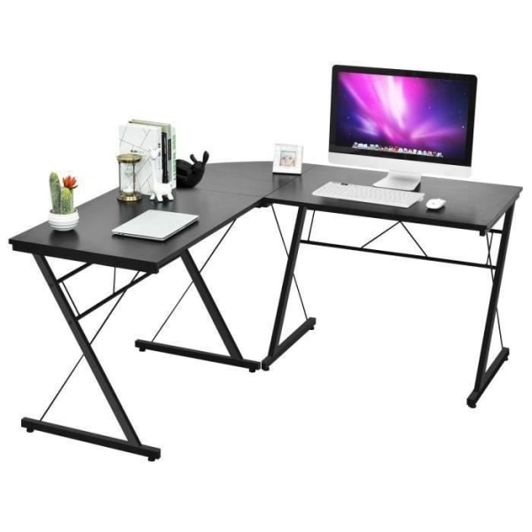 COSTWAY L-formet hjørneskrivebord Aftageligt computerbord i træ 150x150x76CM Industriel til hjemmearbejde Sort Svart