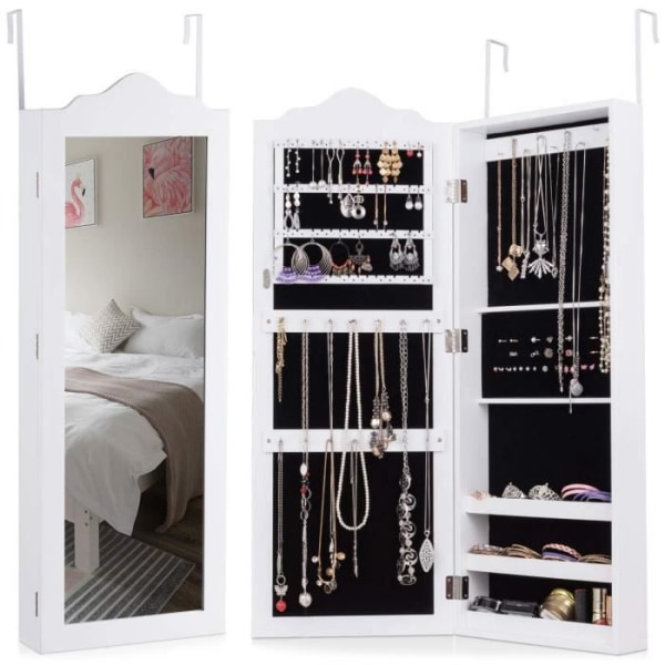 COSTWAY Smyckesskåp med vit spegel, smyckesförvaringsskåp av MDF-Lämplig för vardagsrum, sovrum - 96x35x9,7CM
