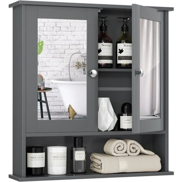 COSTWAY Badeværelsesskab med spejlopbevaringsenhed med 3 hylder og 2 låger 56,5 x 13 x 58,5 CM Grå Grå