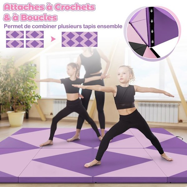 COSTWAY Foldbar Gymnastikmåtte 240 x 117 x 5 cm 4 Fold Taljeafskærmning i PU Læder med Selvklæbende Fastgørelser Lilla